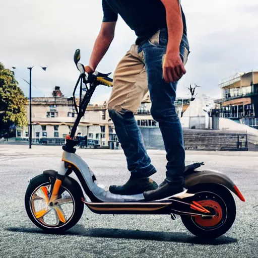 Image similar to A seagull sitting on top of a man, who is riding an electric scooter