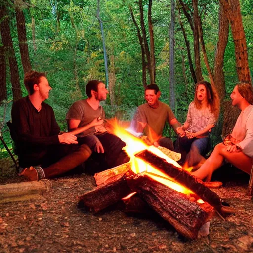 Prompt: friends sitting around a campfire and burping up iridescent fireflies.