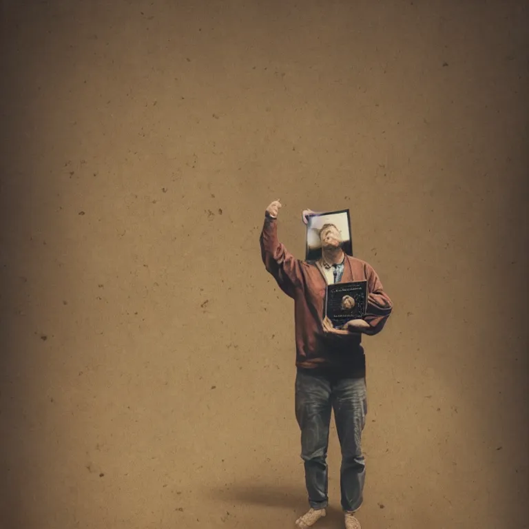 Image similar to realistic exposed expired fuji film portrait of a man holding up a codex seraphinianus, hyperrealism, hypermaximalism, photorealistic, detailed, atmospheric, 8 k, award winning photography, cinematic