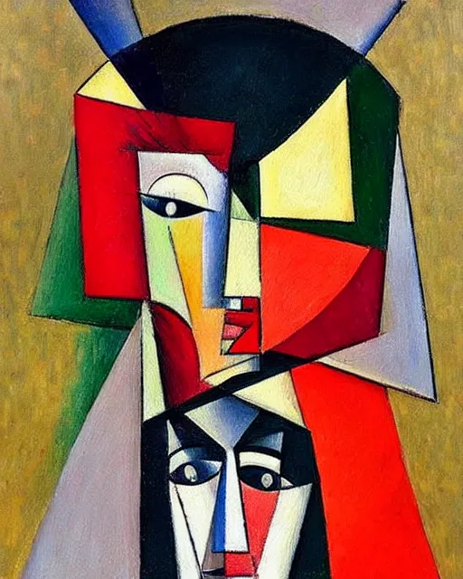 Prompt: a painting of a woman with a hat, a cubist painting by lyubov popova, featured on deviantart, cubism, picasso, cubism, fauvism