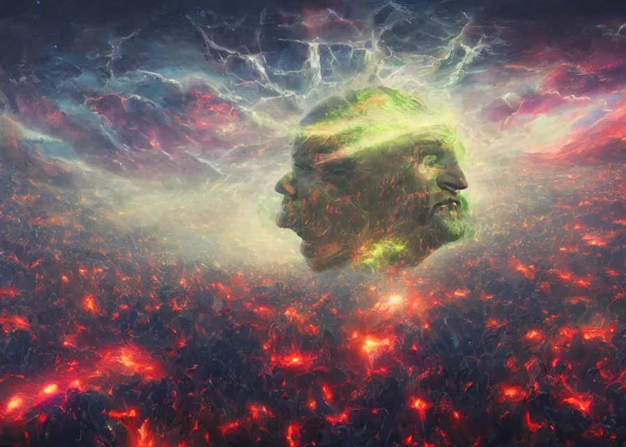 Image similar to large abstract painting of giant grinning evil dynamic Joe Biden head emerging from cosmic clouds at giant immense crowd of person army, trending on ArtStation, masterpiece, by Ciurlionis, octane, lightbeam eyes, oil on canvas, moody lighting, lights beaming out of eyes, cinematic, professional environment concept art