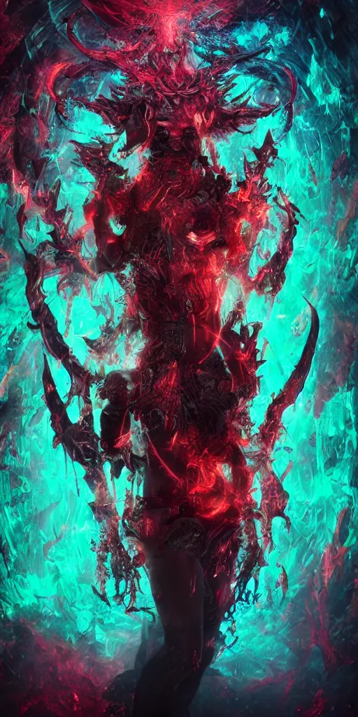 Image similar to impossibly beautiful demon hunter in the depths of hell battling demons, intricate complexity, horror, psychedelic glitch art, rainbow drip paint, trending on art station, photoreal, 8k, octane render