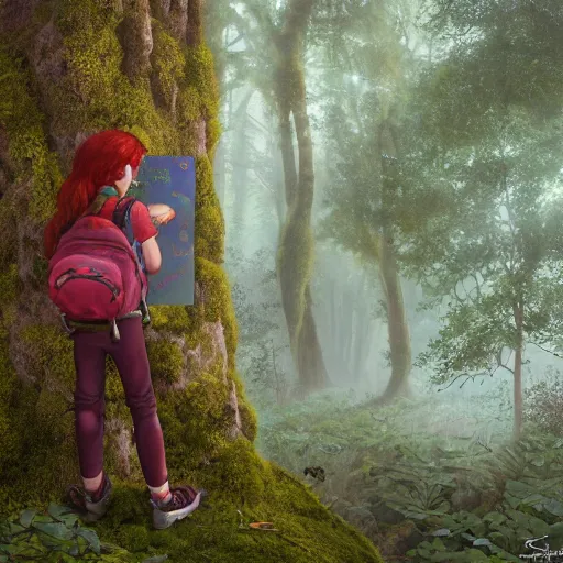 Image similar to a red - haired explorer girl kid with a backpack and a map, in the deep tangled, mossy, misty forest, lit by sunbeams, by loish, unreal 5,