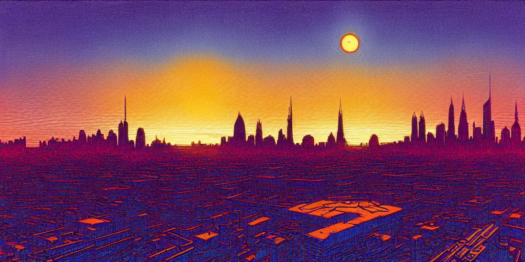 Prompt: A light blue star sinking behind a modern city skyline by Dan Mumford and Dean Ellis and John Atkinson Grimshaw and Anton Fadeev, sunset, purple sky, art nouveau