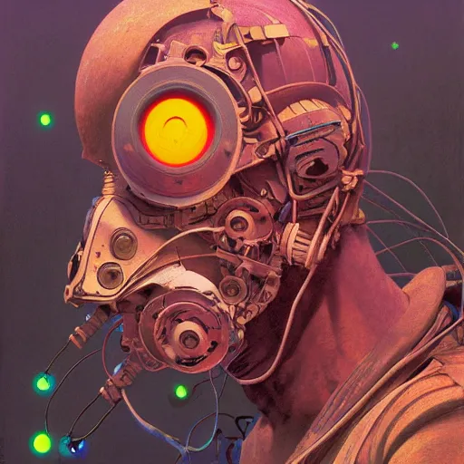 Prompt: complimentary color portrait of technical masked neon diesel punk with wires connecting their head and mask, 3 d anime, award - winning realistic sci - fi concept art by beksinski, picasso masterpiece, complimentary colors, james gilleard, bruegel, greg rutkowski, alphonse mucha, and yoshitaka amano