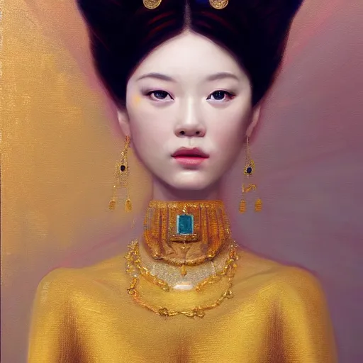 Image similar to hyper realism portrait of Princess by Zhong, Fenghua Klimt, Gustav, stunning, detailing, artstation trending, perfect lighting, golden hour, face detailing