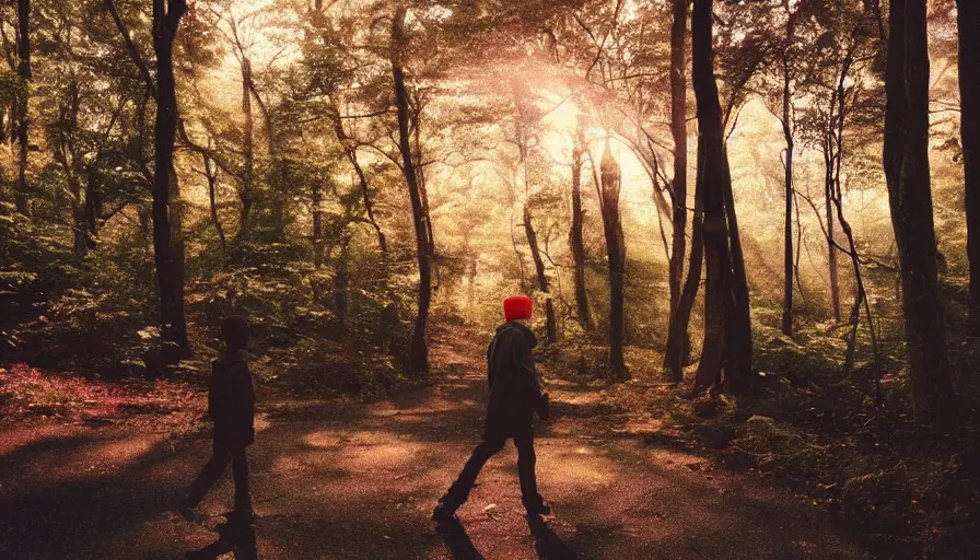 Prompt: 1 9 9 0 s candid 3 5 mm photo of a beautiful forest in tokyo, cinematic lighting, cinematic look, golden hour, the clouds are epic and colorful with cinematic rays of light, a boy walks down the center of the forest with a beanie on, photographed by petra collins, uhd