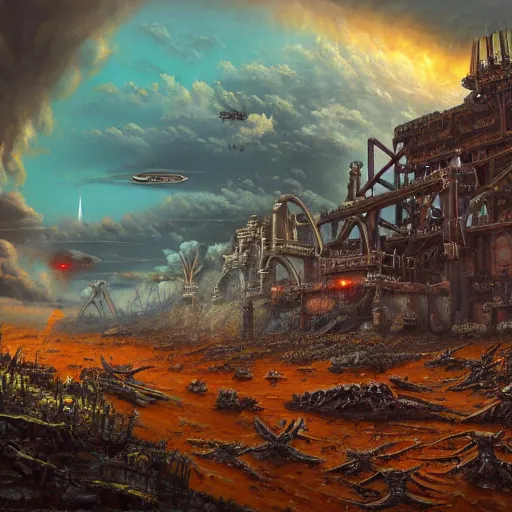 Image similar to nuclear war, rockets, giant robots, brutal warfare, skulls, on ancient post - apocalyptic planet, jim henson creature shop, vivid and colorful, thomas kincaid, cinematic, oil painting, highly detailed, illustration