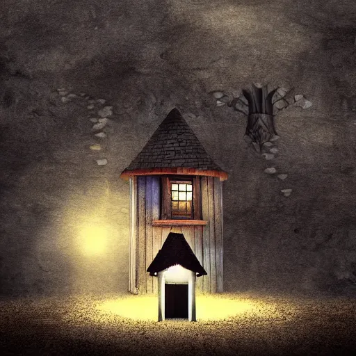 Image similar to strange little house by Tim Burton, dark background, volumetric lighting