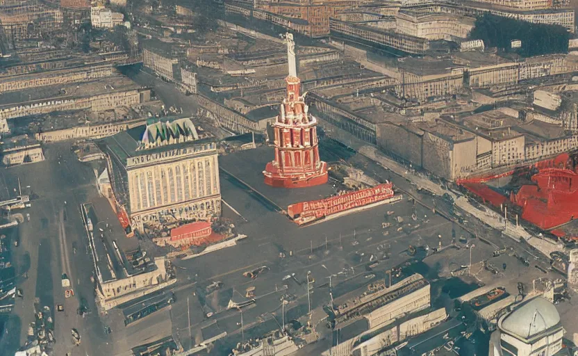 Image similar to high quality 2000s historic footage of soviet square with lenin statue with stanilist style high rise and pedestrians, color aerial photo drone, Cinestill 800t, heavy grainy picture, very detailed, high quality, 4k panoramic