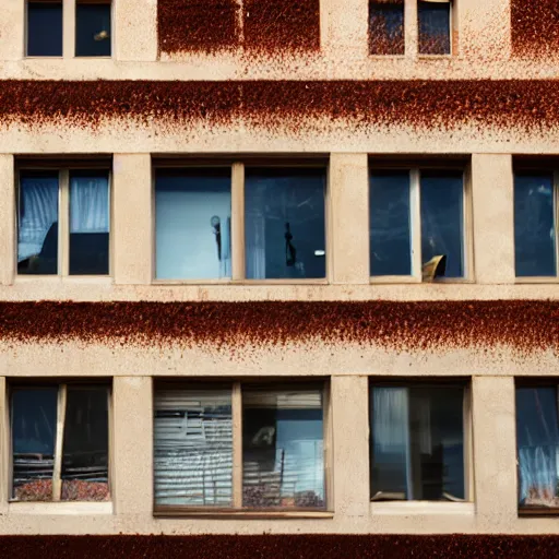 Prompt: a wall of a building with a stream of chocolate milk coming out from the windows