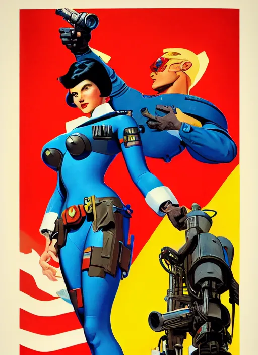 Image similar to american propaganda poster art. powerful cyberpunk pilot. portrait by jean giraud and anton otto fischer and john philip falter and will eisner and gil elvgren and pixar. full body. realistic proportions. science fiction d & d. overwatch, rb 6 s, cyberpunk 2 0 7 7, blade runner 2 0 4 9 concept art. cel shading. thick lines.