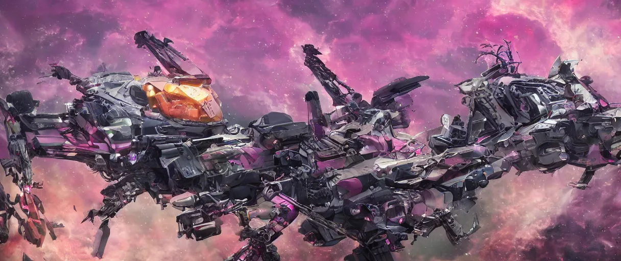 Image similar to space, a mechanical horse with a pink mohawk drives a pirate spaceship, punk, hyperdetailed illustration, stars, pink, neon, oil painting, rich deep colors masterpiece, pirate neon ship, ultra detailed, contrast, heaven pink, clouds, volumetric light, atmospheric lighting, dramatic, cinematic, moody, octane render 4 k, 8 k