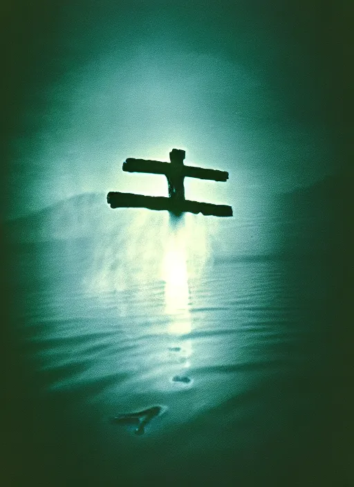 Image similar to “semitranslucent smiling frog vertically hovering over misty lake waters in crucifix pose, low angle, long cinematic shot by Andrei Tarkovsky, paranormal, eerie, mystical”