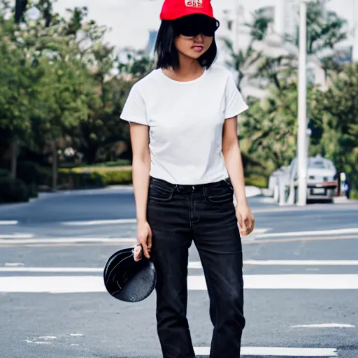 Image similar to street photography, asian woman wearing a black baseball cap and a white t shirt and high waisted mom jeans and white sneakers