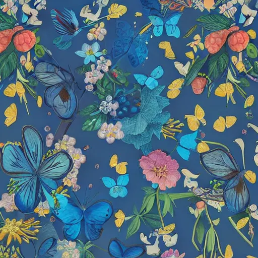 Prompt: blue butterflies with anxious piercing eyes and vintage illustration pattern background blend of flowers and fruits and birds, by hsiao - ron cheng and beto val and john james audubon, bizarre compositions, exquisite detail, extremely moody lighting