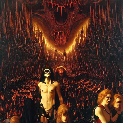 Image similar to dante's inferno, with people in black hooded tunic like in the film eyes wide shut of stanley kubrick, illuminati symbol, crows, skeletons, crosses, dark beauty, rotten gold, perfect faces, extremely detailed. highly detailed painting by gaston bussiere, craig mullins j. c. leyendecker 8 k