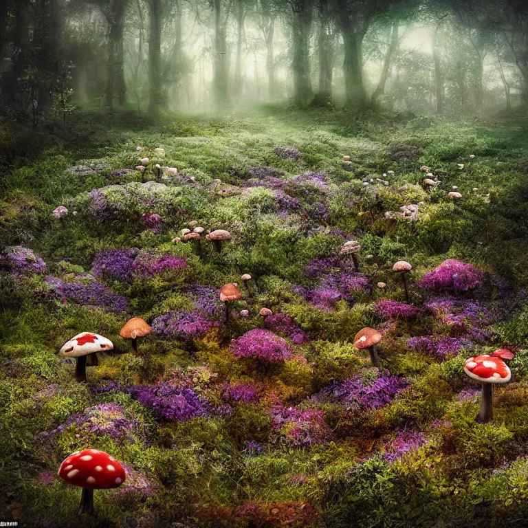 Image similar to a planet of various fungus, mushrooms, flowers and plants, inside the picture is infinity, Atmospheric, artistic photography, conceptual, long exposure outside the city, volumetric light