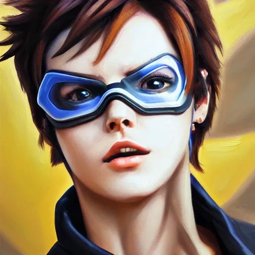 Image similar to oil painting of tracer overwatch in a field wearing very large black leather collar around neck, in style of mark arian, expressive face, very detailed face, very detailed eyes, full body, feminine face, detailed makeup on eyes, tracer overwatch,