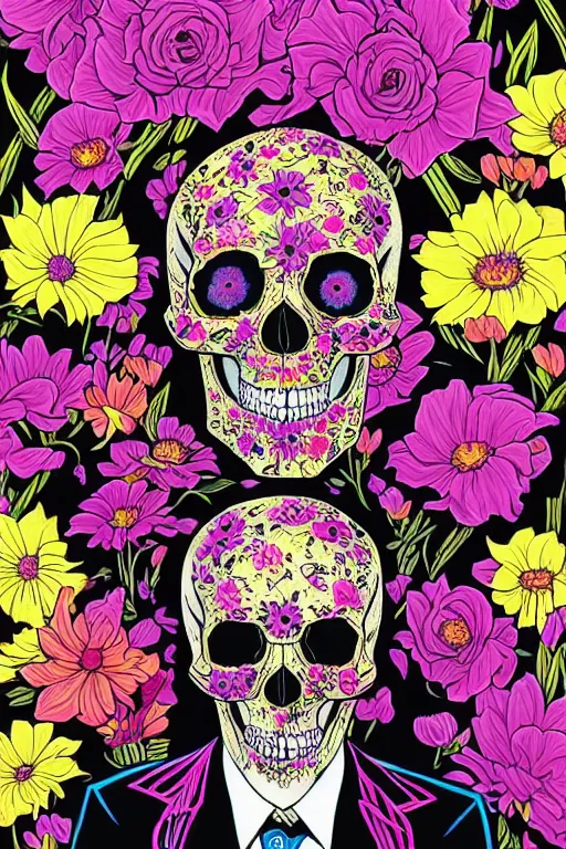 Image similar to large skull painted with vivid flowers on a black suit and tie by Jen Bartel and Dan Mumford and Satoshi Kon, gouache illustration