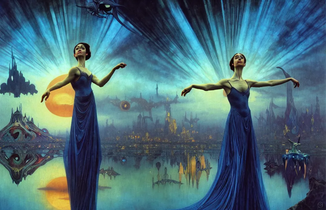 Image similar to realistic detailed portrait movie shot of a prima ballerina wearing a dark robes, sci fi city landscape background by denis villeneuve, amano, yves tanguy, alphonse mucha, ernst haeckel, max ernst, roger dean, masterpiece, rich moody colours, dog teeth, blue eyes, sunset