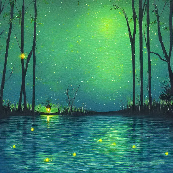 Image similar to lake trees night fireflies glowing above water digital painting concept art