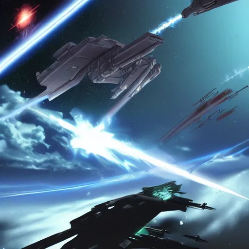 Image similar to science - fiction space battleship in combat, laser beams, explosions, space, planets, grimdark style