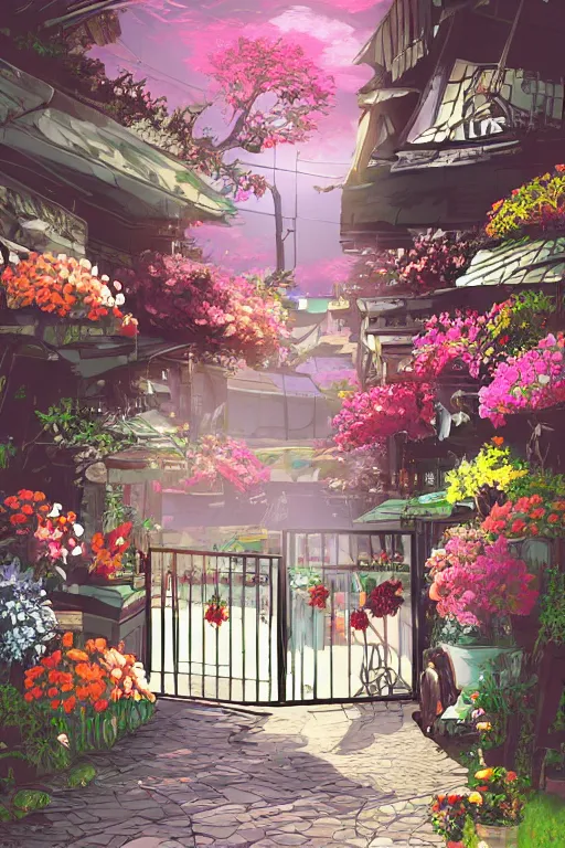 Image similar to a little flower shop's front gate, refreshing, digital illustration, dramatic lighting, pixiv