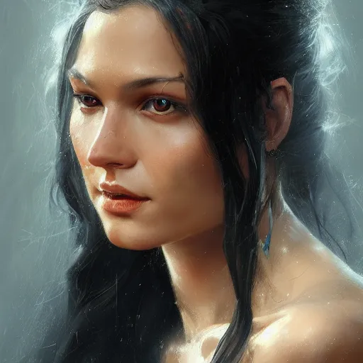 Prompt: An oil painting of a stunningly beautiful female wizard, 30 years old, long black hair, sharp facial features, beautiful, highly detailed, by Cédric Peyravernay, by greg rudkowski, trending on artstation
