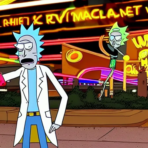 Prompt: rick and morty wandering around in awe in the streets of las vegas