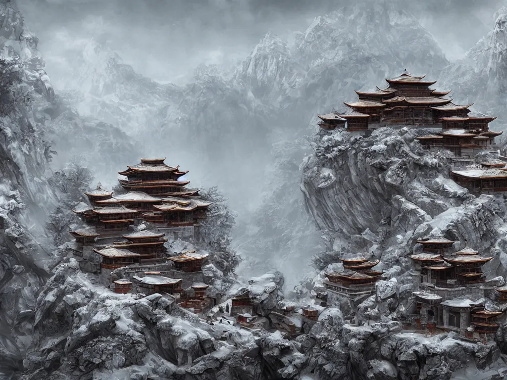 Image similar to shaolin monastery on snowy mountain, concept art, digital art, neon, 8 k, sad, yin yang, incandescent, cinematic lighting, ray tracing ambient occlusion, in a symbolic and meaningful style, insanely detailed and intricate, hypermaximalist, elegant, ornate, hyper realistic, super detailed