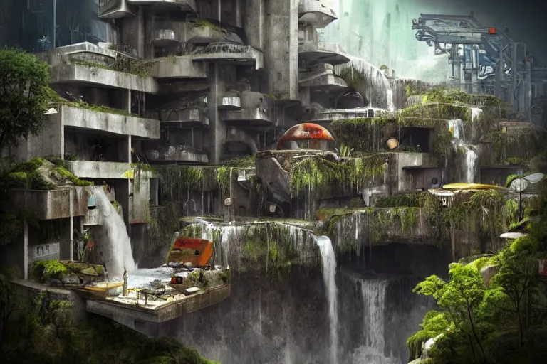 Image similar to favela bunker spaceship colony hive, brutalist waterfall environment, industrial factory, whimsical, award winning art, epic dreamlike fantasy landscape, ultra realistic,