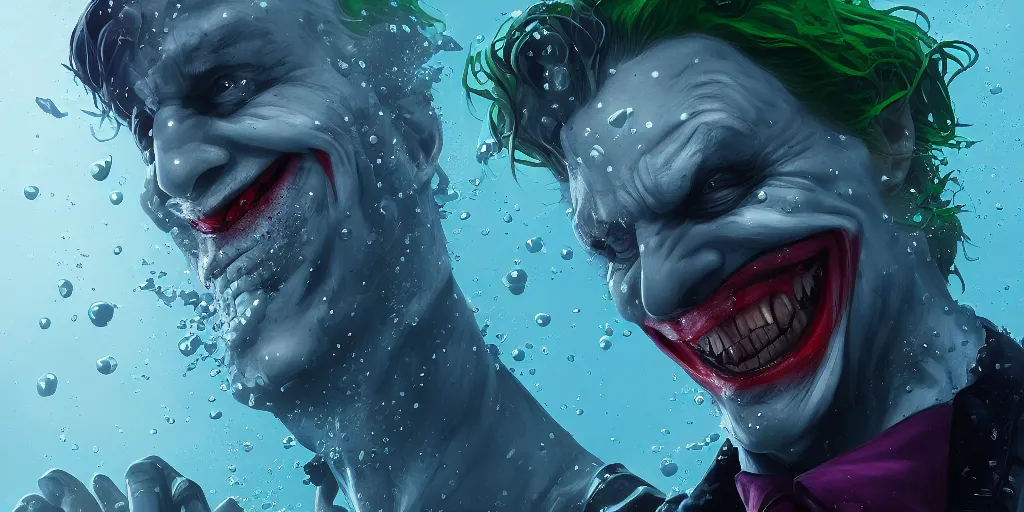 Image similar to The Joker is underwater, drowning, hyperdetailed, artstation, cgsociety, 8k