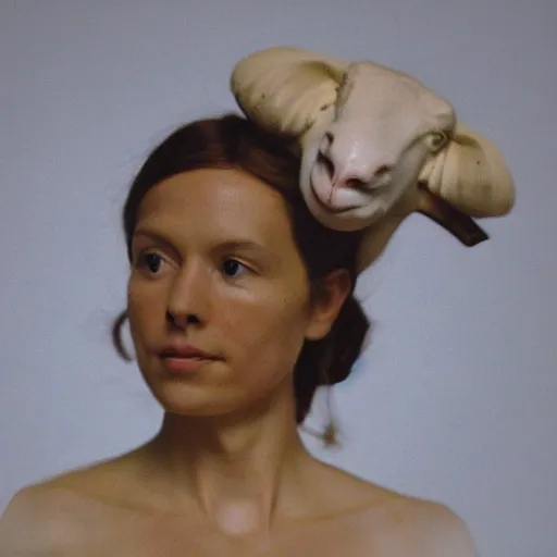 Image similar to A woman with a sheep head, photorealistic, film still