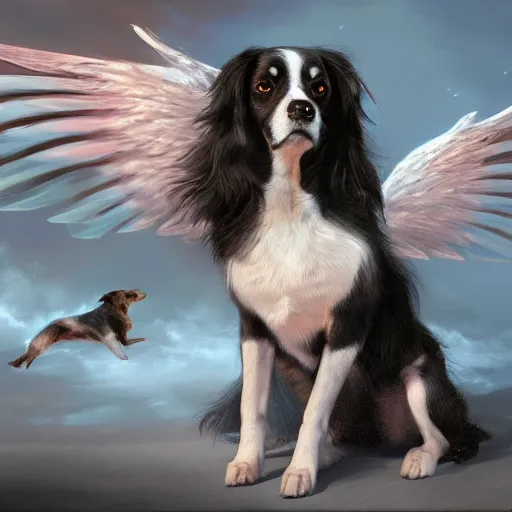 Image similar to an oil painting of a dog with wings, hd, hdr, ue 5, ue 6, unreal engine 5, cinematic 4 k wallpaper, 8 k, ultra detailed, high resolution, artstation, award winning