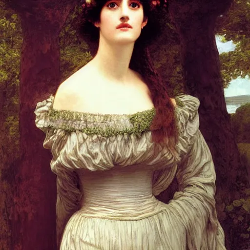 Image similar to portrait en buste of eva green in an edwardian dress by frederic william burton and frederic leighton, abundantly detailed, perfectly detailed eyes