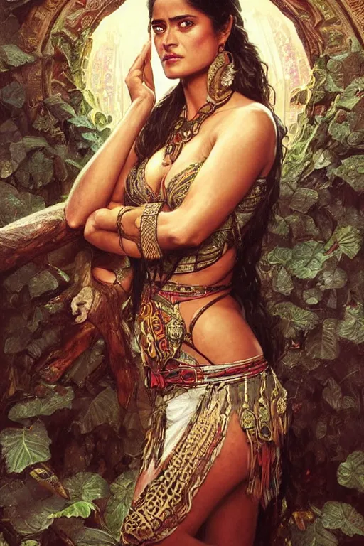 Image similar to young Salma Hayek portrait, Aztec, Mayan, fantasy, elegant, intricate, by Stanley Artgerm Lau, greg rutkowski, thomas kindkade, alphonse mucha, loish, norman Rockwell