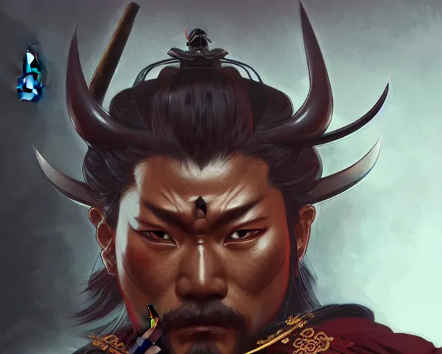 Image similar to oni samurai japanese style, face, fantasy, intricate, elegant, highly detailed, digital painting, artstation, concept art, smooth, sharp focus, illustration, artstation, cgsociety, art by artgerm and greg rutkowski and alphonse mucha