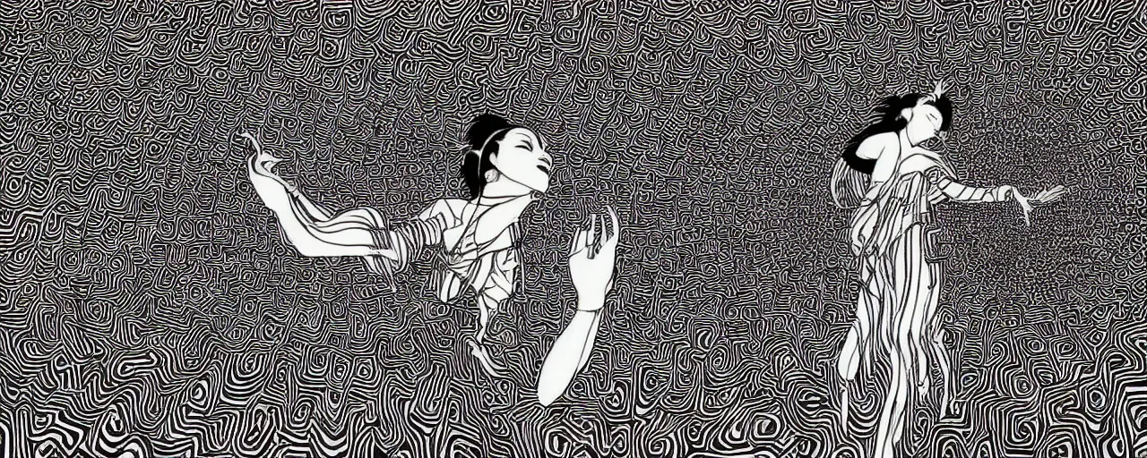 Prompt: musical goddess performing in Misono Universe, psychedelic poster in the style of artgerm, Ryoji Ikeda, Riyoko Ikeda, 3d render, artstation trending, black and white, detailed penwork, 8k, photorealistic, bold pen lines
