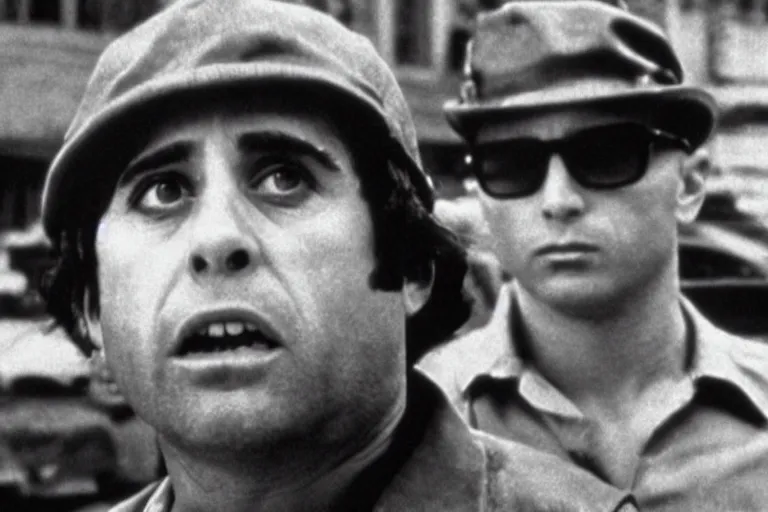 Prompt: film still of Danny Devito as Travis Bickle in Taxi Driver