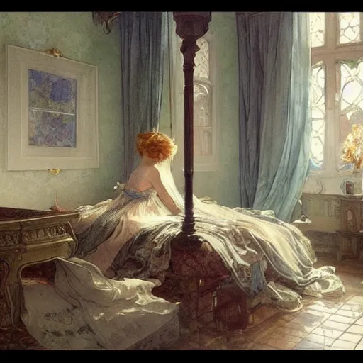 Prompt: a beautifull intricate watercolour painting of a bed room, reflexions, verry high details by william turner art, greg rutkowski and alphonse mucha, trending on artstation, very very detailed, masterpiece, muted colors