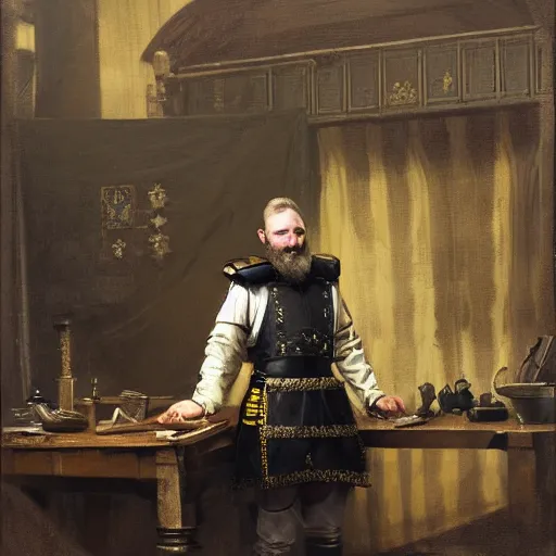 Prompt: Frustrated and acerbic male Imperial sergeant with a short beard wearing a {black and yellow tabard} over a steel breastplate and a black gambeson leaning over a table, by Raymond Swanland Greg Rutkowski, {perfect face}, {perfect eyes}, {perfect body}, {hands planted on war table while standing}, fantasy