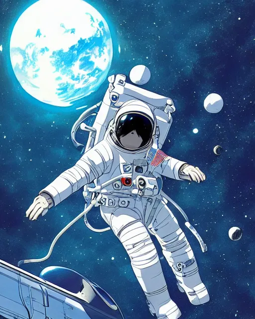 Image similar to astronaut floating in space, cybernetic enhancements, art by makoto shinkai and alan bean, yukito kishiro