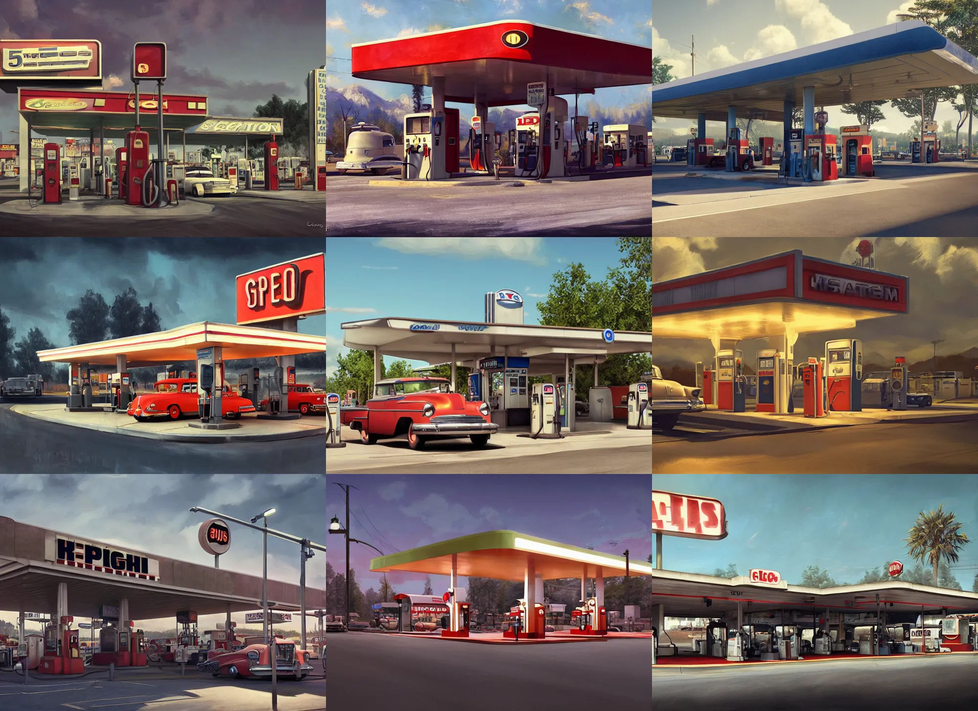 Prompt: 5 0's gas station. epic cinematic hyperrealism masterpiece. realistic poster with shaded lighting by craig mallismo, artgerm, jeremy lipkin and michael garmash, unreal engine, radiant light, detailed and complex environment, octane photoreal 3 d render, art station trends