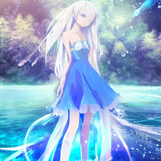 Image similar to a very beautiful anime girl wearing a dress made of water standing in a crystal lake in a futuristic emerald city, full body, long white hair with azure blue highlights blending into the dress , azure blue watery eyes, full round face, seductive over the shoulder glances , lens flare, cinematic lighting, medium shot, mid-shot, reflective surfaces, water droplets, caustic lighting , highly realistically detailed, trending on artstation, Unreal Engine 4k, Stanley Artgerm Lau, WLOP, Rossdraws, James Jean, Andrei Riabovitchev, Marc Simonetti, and Sakimichan