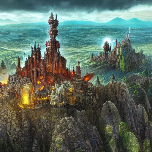 Prompt: large fantasy castle rising from the top of a giant tortoise that is centered in frame, towering over a harsh barren wasteland, howls moving castle, mortal engines, kaiju, distant shot from the air, fantasy, hyper detailed, 4 k