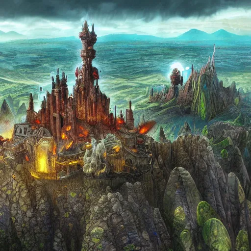 Image similar to large fantasy castle rising from the top of a giant tortoise that is centered in frame, towering over a harsh barren wasteland, howls moving castle, mortal engines, kaiju, distant shot from the air, fantasy, hyper detailed, 4 k