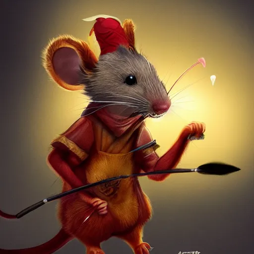 Image similar to anthropomorphic Rat with a filigran golden diadem that has a red feather sticking out from it, in an action pose, with epee in hand, sunset lighting, trending on Artstation