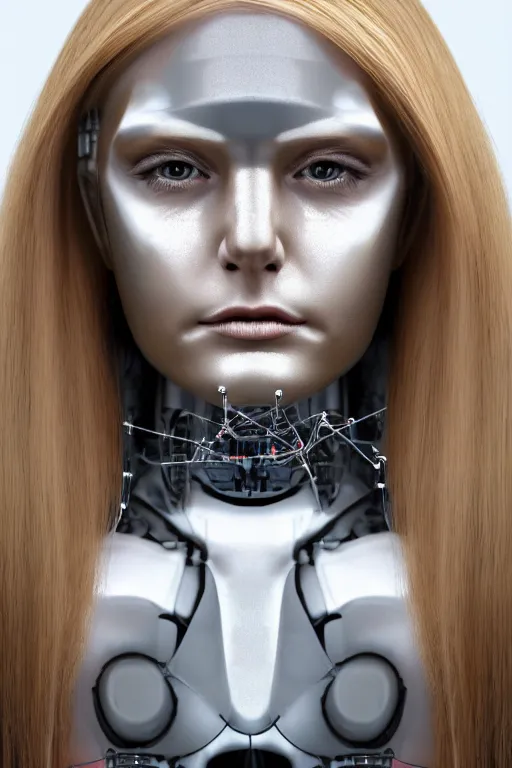 Image similar to robot with human face, female head, full body angle, woman human face, human face realistic, beautiful blonde hair, human head, human head with blonde hair, blonde hair human head, blonde hair, human realistic face, human head skin, cyborg frame concept, cyborg by ales-kotnik, sci-fi android female, the body is made of wires, robotic body, cyborg body, cyborg bust body, robot body cyborg, full body