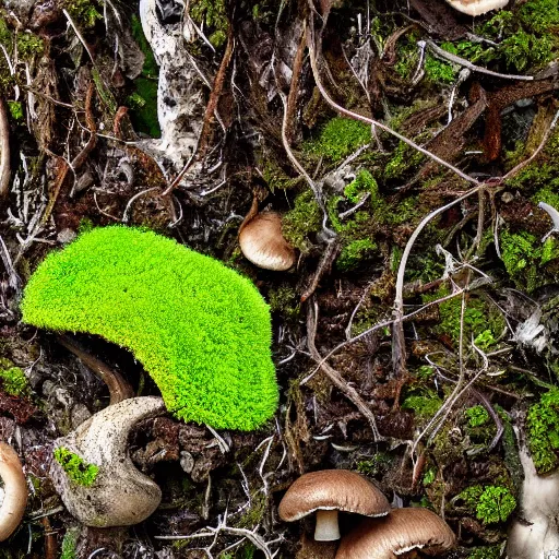 Prompt: mushrooms growing from cracks in a fractured skull, mossy, in the forest